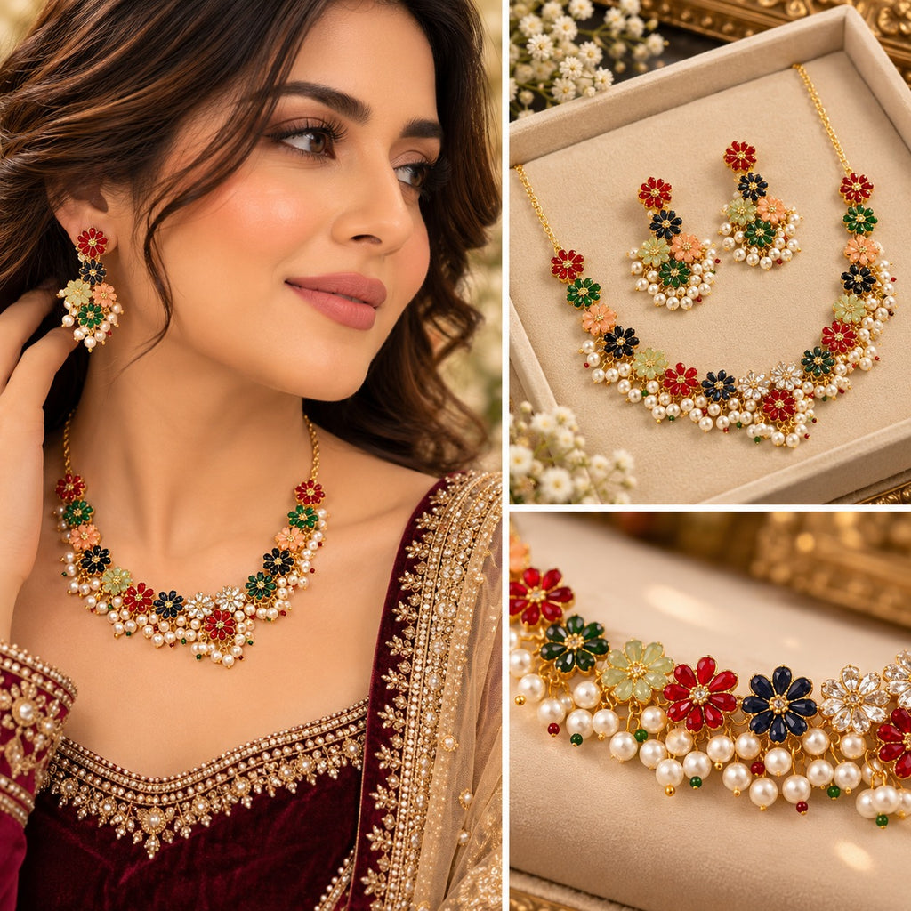 Gold Multicolor Enamel Daisy Flower Pearl Cluster Choker Necklace Earrings Set lifestyle shot worn by model in ivory embroidered suit showing V-bib choker with red green navy peach lime white enamel daisy flowers and faux pearl clusters with matching stacked daisy cluster earrings