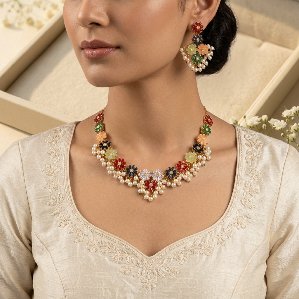 Gold Multicolor Enamel Daisy Flower Pearl Cluster Choker Necklace Earrings Set product flat lay on dark grey mirror surface with blue silk backdrop showing V-bib choker and matching earrings with multicolor enamel daisies and pearl clusters
