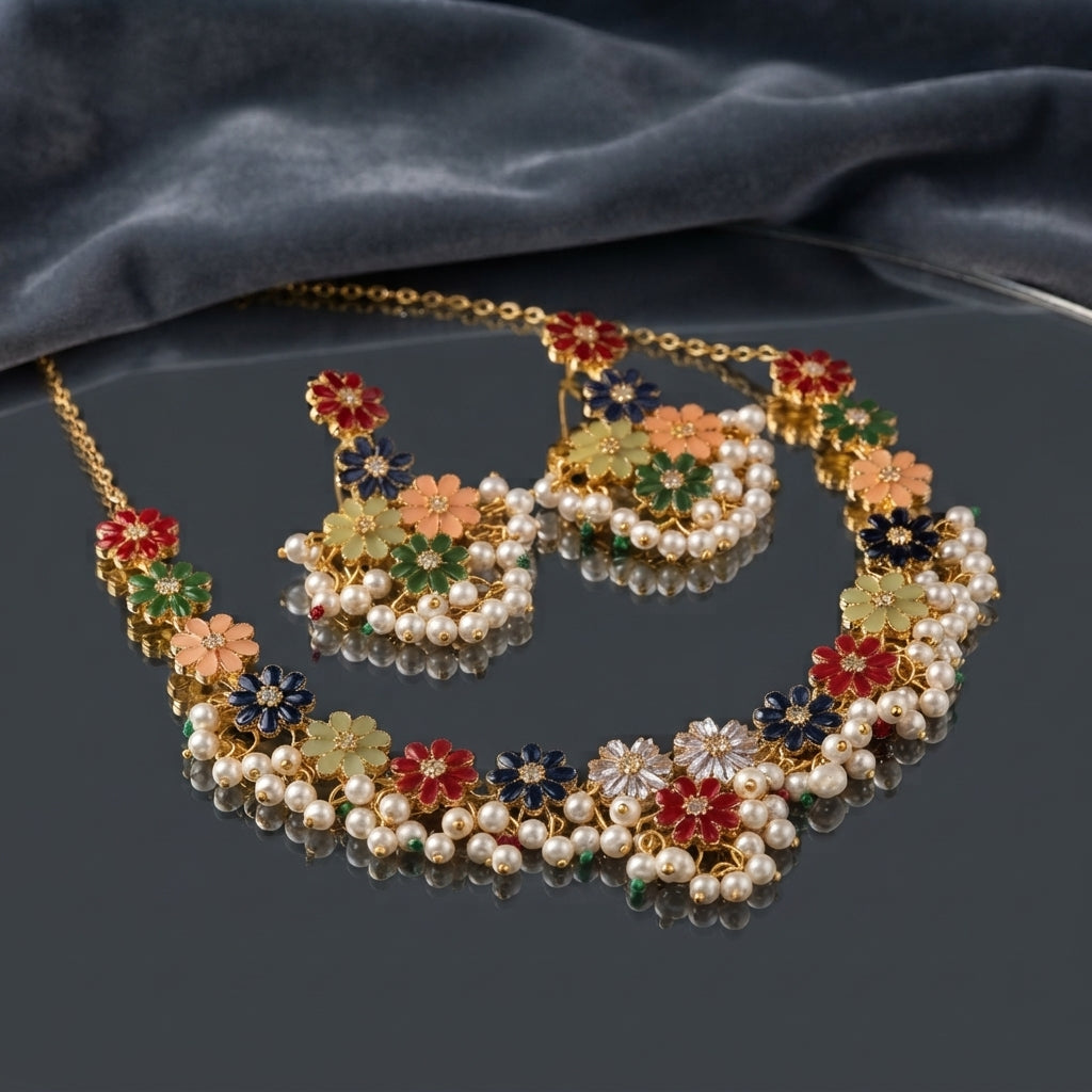 Gold Multicolor Enamel Daisy Flower Pearl Cluster Choker Necklace Earrings Set collage showing model in red velvet bridal outfit lifestyle shot product in beige jewellery box with white flowers and macro close-up of multicolor enamel daisy petals and faux pearl clusters