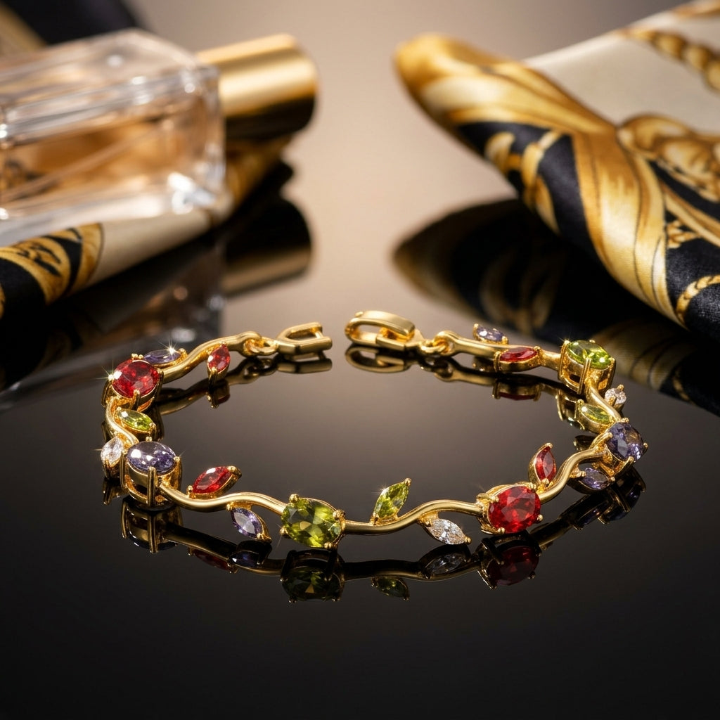 Silver-Tone Navy Blue Sapphire CZ Oval & Marquise Vine Wave Tennis Bracelet on dark reflective surface with navy blue floral scarf and perfume bottle backdrop
