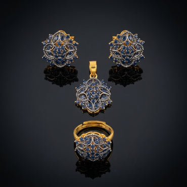 Gold & Oxidized Silver-Tone Blue Sapphire CZ Floral Cluster 3-Piece Jewelry Set — pendant, earrings and ring on dark reflective surface