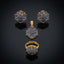 Gold & Oxidized Silver-Tone Blue Sapphire CZ Floral Cluster 3-Piece Jewelry Set — pendant, earrings and ring on dark reflective surface