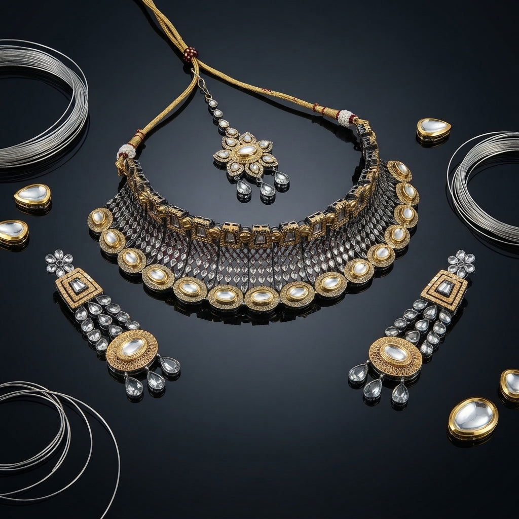 22K Gold & Oxidized Silver Dual-Tone Large Oval Polki Kundan Diamond-Cut Mesh Wide Bib Choker Necklace Drop Earrings & Maang Tikka 3-Piece Bridal Set on black mirror surface with silver wire coils and gold polki pear stone props backdrop