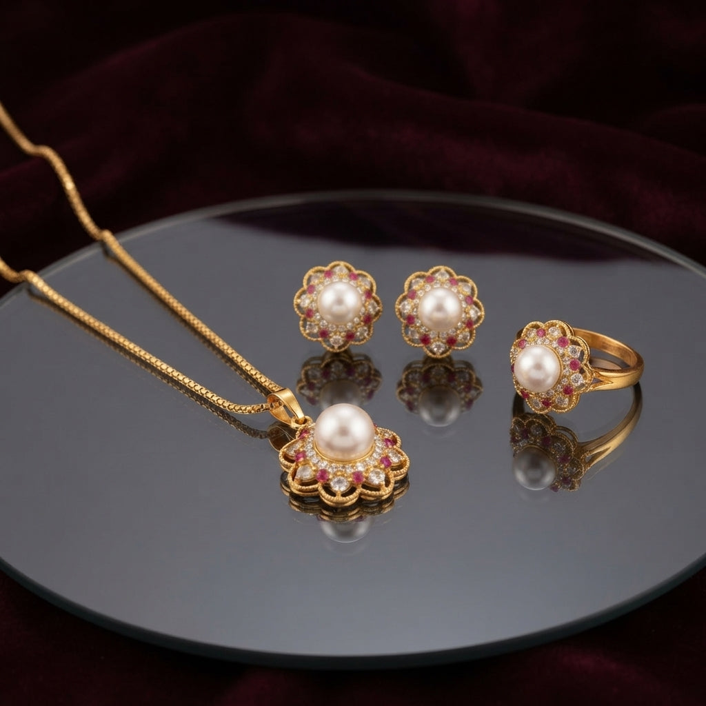 Gold Pearl Ruby CZ Flower Jewelry Set — 3-piece matching set of pendant necklace, stud earrings and ring each with scalloped 22K gold flower frame, ruby red and white CZ inner halo and cream pearl center, luxury flat-lay on round mirror tray with burgundy velvet backdrop