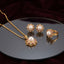 Gold Pearl Ruby CZ Flower Jewelry Set — Necklace, Earrings & Ring