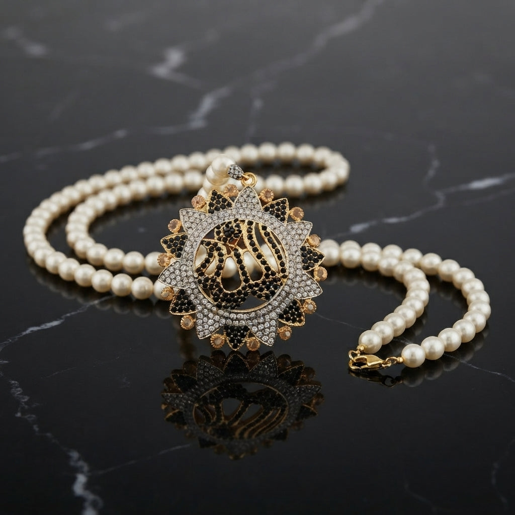 gold-plated double strand pearl necklace with a circular pendant featuring Arabic Allah calligraphy surrounded by a sunburst crystal halo, shown on a dark reflective surface.