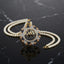 gold-plated double strand pearl necklace with a circular pendant featuring Arabic Allah calligraphy surrounded by a sunburst crystal halo, shown on a dark reflective surface.