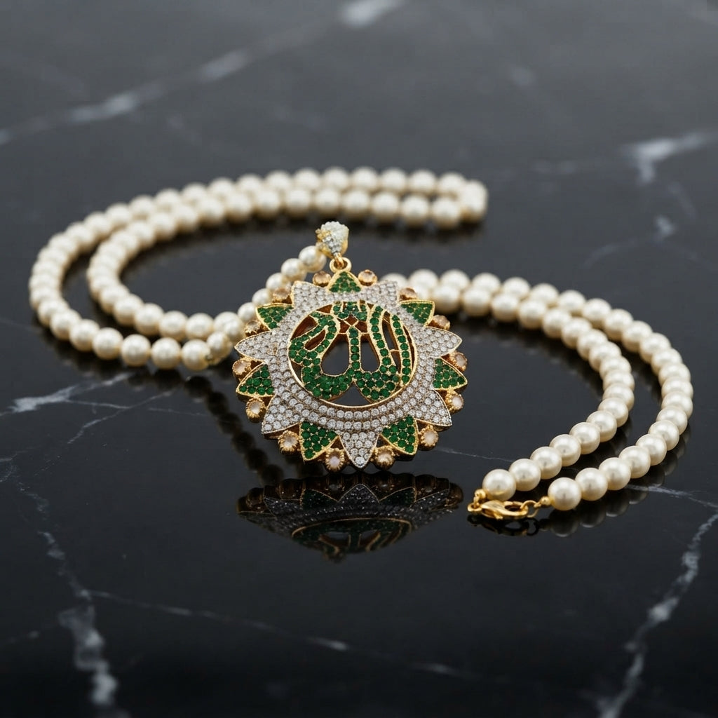 gold-plated double strand pearl necklace with a circular pendant featuring Arabic Allah calligraphy surrounded by a sunburst crystal halo, shown on a dark reflective surface.