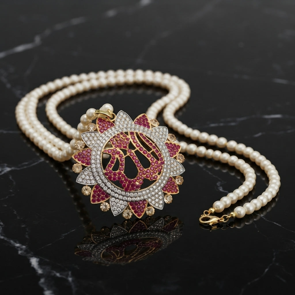 gold-plated double strand pearl necklace with a circular pendant featuring Arabic Allah calligraphy surrounded by a sunburst crystal halo, shown on a dark reflective surface.