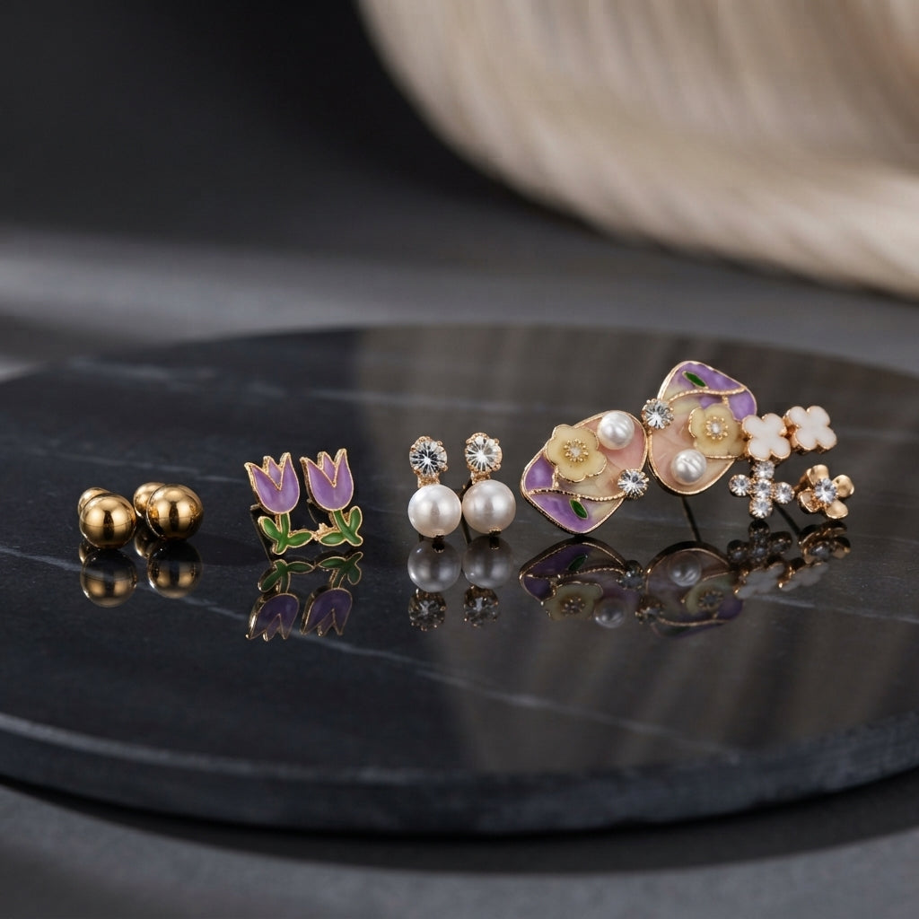 Gold Purple Lavender Floral Enamel Pearl CZ 4-Pair Stud Earring Set flat lay on black marble surface with beige fabric backdrop showing gold double ball studs purple lavender tulip enamel studs with green leaf white CZ pearl drop studs and large lavender peach iridescent floral petal cluster stud with yellow flower centre faux pearl and white CZ snowflake clover with mirror reflections below