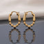 Gold PVD Stainless Steel Split Hoop Earrings with Smooth Tube Top and Ball Bead Chain Bottom pair standing side by side on dark grey mirror surface with soft warm cream ivory fabric backdrop showing 18K gold PVD coated stainless steel hoops with chunky smooth flat-top rectangular tube upper frame and 6 to 7 smooth round gold ball beads scalloped lower arc mirror-polish finish with French lever closure and sharp mirror reflection below