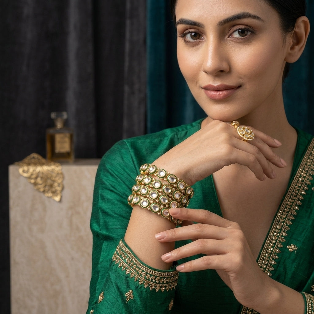 Gold Round Kundan Polki Green Enamel Wide Cuff Bangle Set of 4 worn stacked on model wrist in emerald green embroidered suit with dark backdrop showing wide cuff stack of four bangles with rows of round kundan polki CZ stones in green enamel borders and gold filigree interior with matching kundan ring on finger
