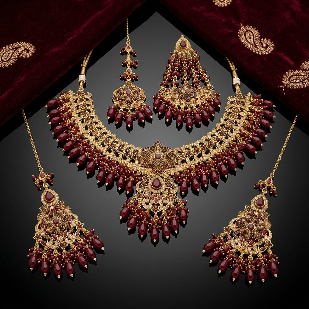 Gold-Tone Ruby Red Bead Filigree Choker & Chandbali Bridal Jewelry Set complete flat lay on black mirror surface with deep maroon velvet fabric backdrop — showing necklace, earrings and maang tikka