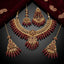 Gold-Tone Ruby Red Bead Filigree Choker & Chandbali Bridal Jewelry Set complete flat lay on black mirror surface with deep maroon velvet fabric backdrop — showing necklace, earrings and maang tikka