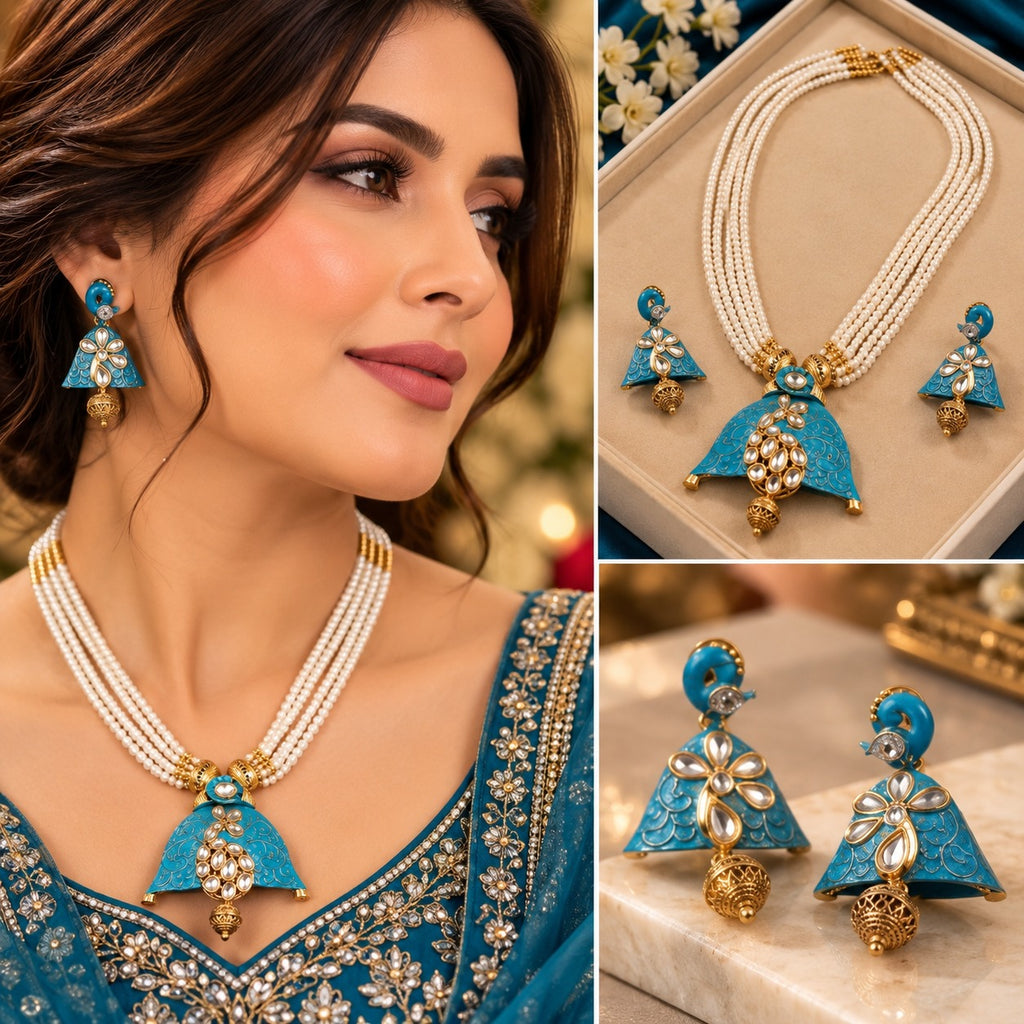 Gold Teal Meenakari Kundan Pearl Jhumka Pendant Necklace Earrings Set on dark grey mirror surface with teal blue silk fabric backdrop showing 6-strand white seed pearl necklace with gold granulation barrel spacers and large teal meenakari enamel triangular pendant with kundan polki CZ floral cluster gold scroll engraving and mini jhumka bell drop alongside matching teal meenakari jhumka earrings with mirror reflections below