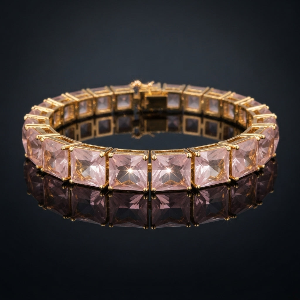 Gold-Tone Pink Princess-Cut CZ Tennis Bracelet product shot on dark surface