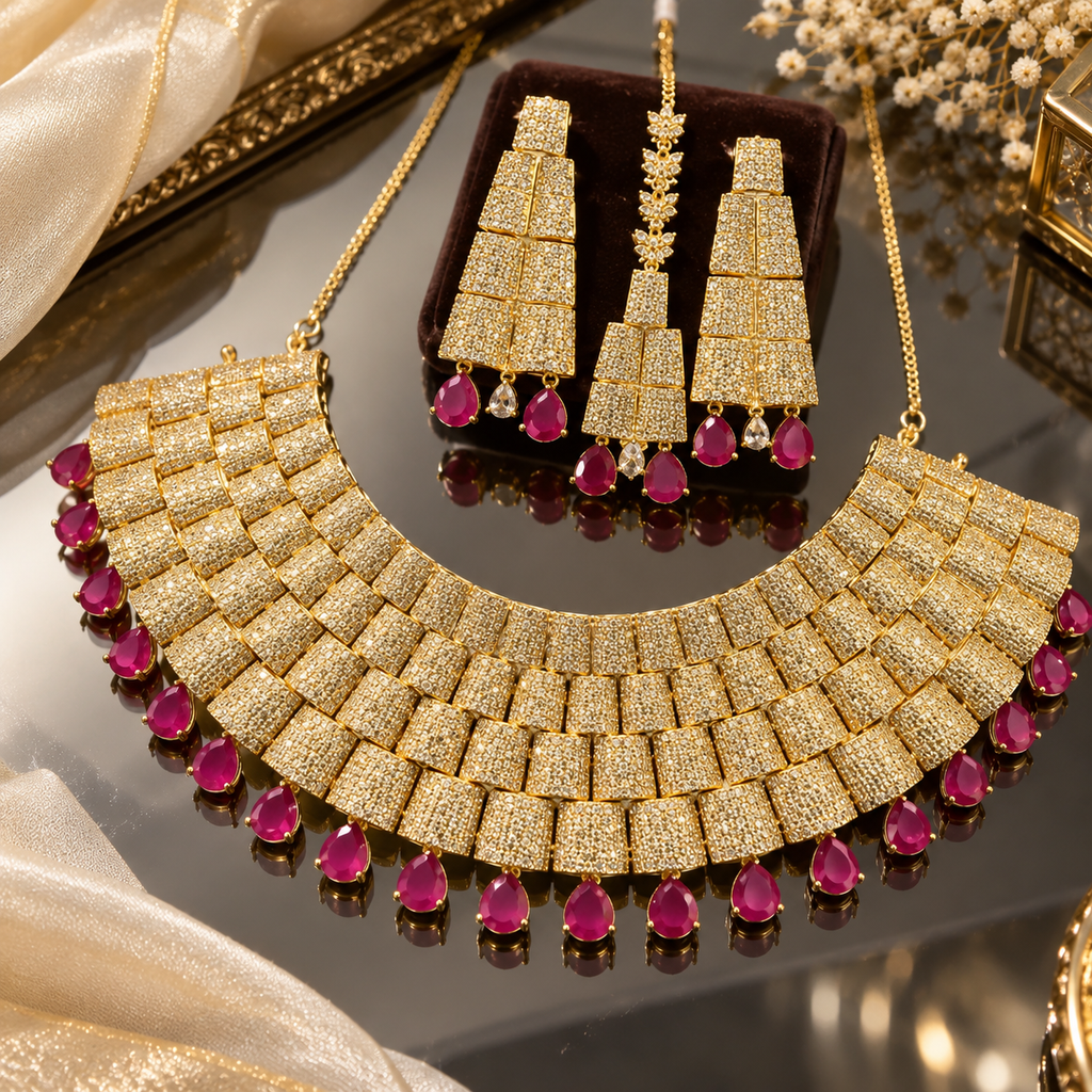 Gold-tone American diamond bridal necklace with rectangular panels and deep pink teardrop accents, matching long earrings and maang tikka.