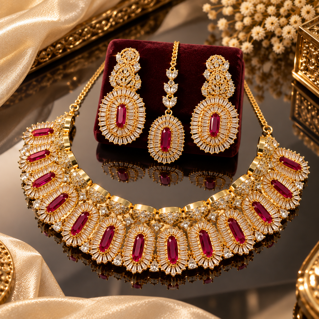 Gold-tone American diamond necklace with deep red center stones and clear oval halos, matching long earrings and leaf-detailed maang tikka.