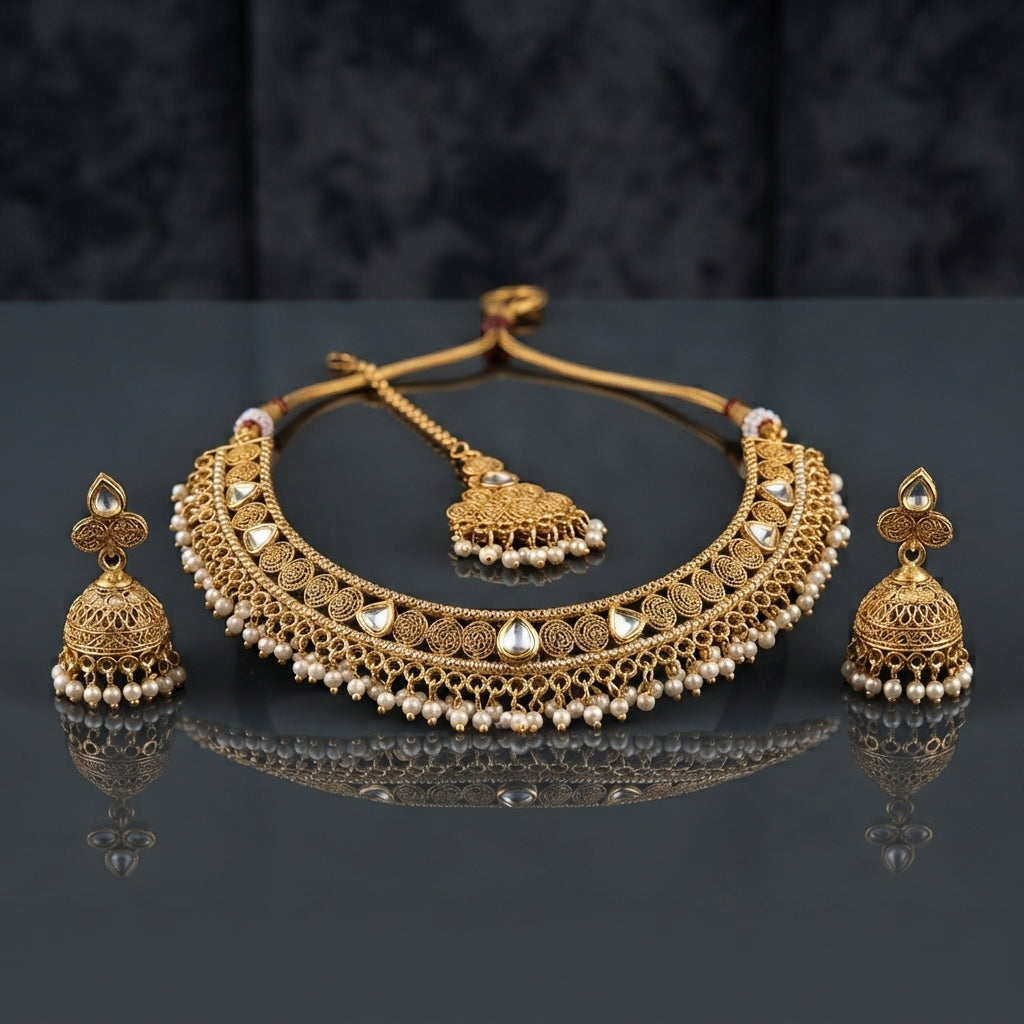 Gold-Tone Antique Kundan Spiral Choker Necklace, Jhumka Earrings & Maang Tikka Set flat lay