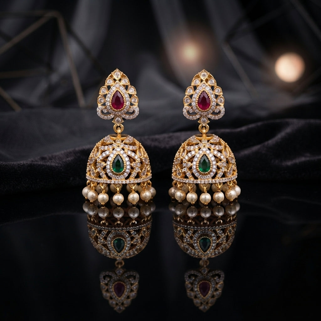 Gold-Tone Antique Rajwadi CZ Pavé Ruby Stud & Emerald Dome Jhumka Earrings with pearl drops