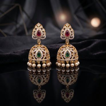 Gold-Tone Antique Rajwadi CZ Pavé Ruby Stud & Emerald Dome Jhumka Earrings with pearl drops