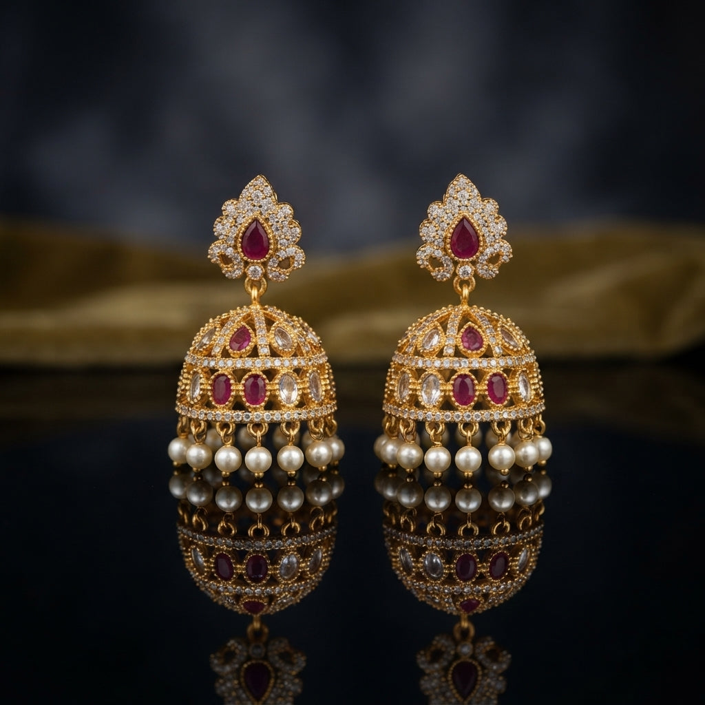 Gold-Tone Antique Rajwadi CZ Ruby Fleur-de-Lis Stud & Multi-Ruby Dome Jhumka Earrings with double pearl drops