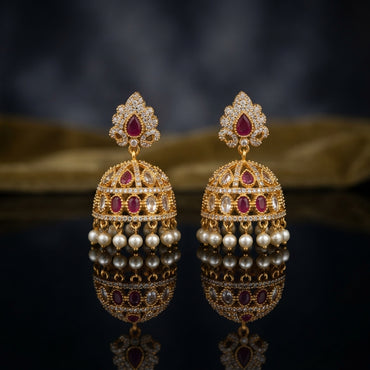 Gold-Tone Antique Rajwadi CZ Ruby Fleur-de-Lis Stud & Multi-Ruby Dome Jhumka Earrings with double pearl drops