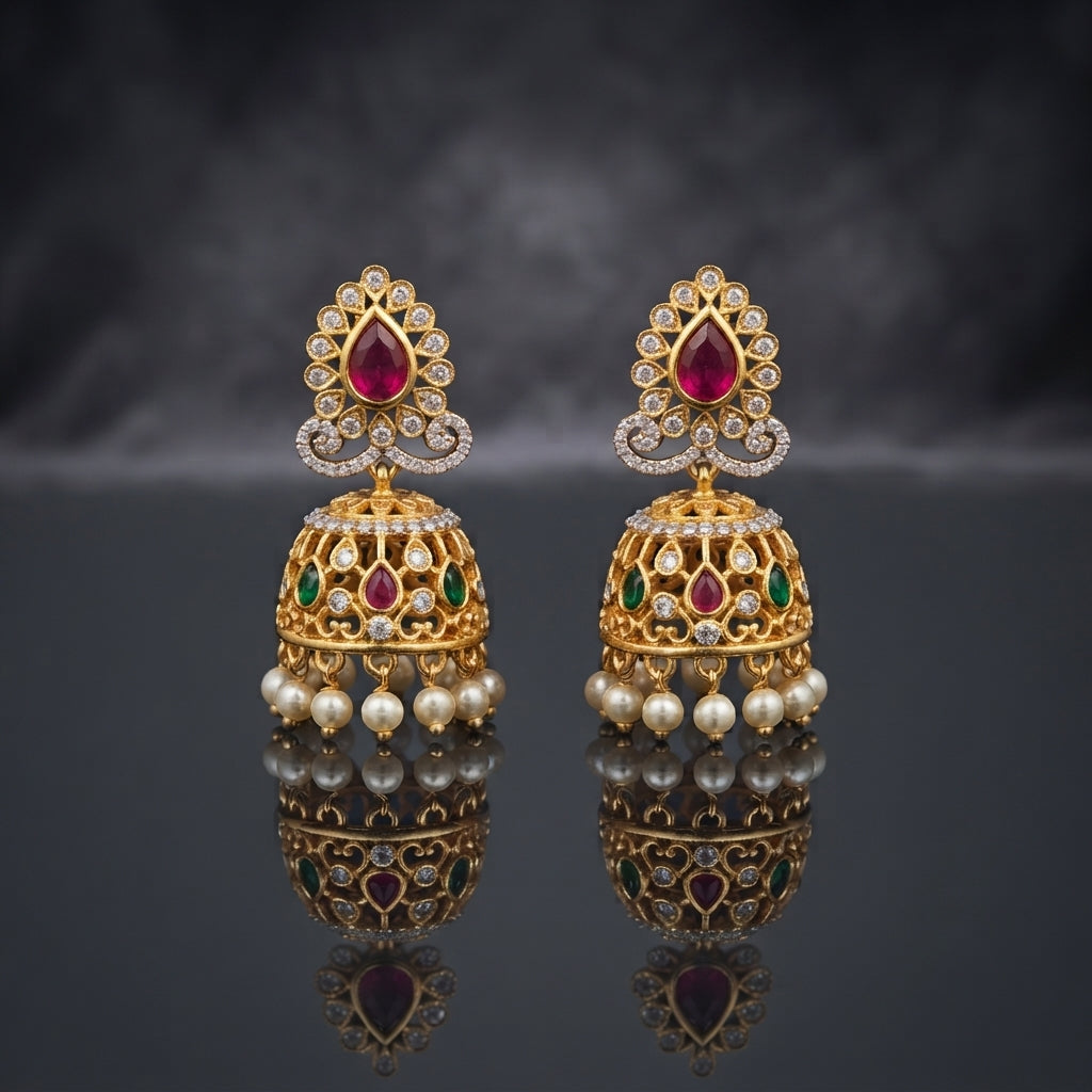 Gold-Tone Antique Rajwadi Ruby & Emerald CZ Peacock Dome Jhumka Earrings with pearl drops