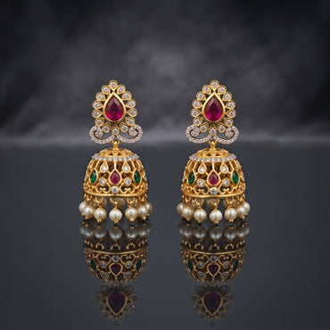 Gold-Tone Antique Rajwadi Ruby & Emerald CZ Peacock Dome Jhumka Earrings with pearl drops
