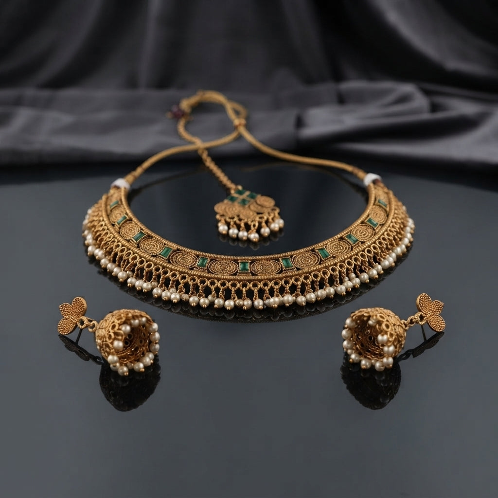 Gold-Tone Rajwari Spiral Choker Necklace, Jhumka Earrings & Maang Tikka Bridal Set flat lay