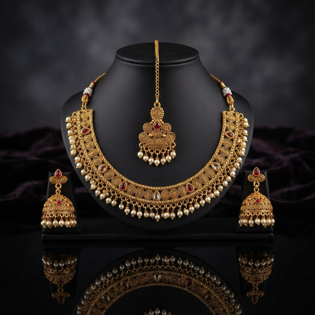 Gold-Tone Rajwari Ruby Stone Choker Necklace, Jhumka Earrings & Chandbali Maang Tikka Bridal Set on stand