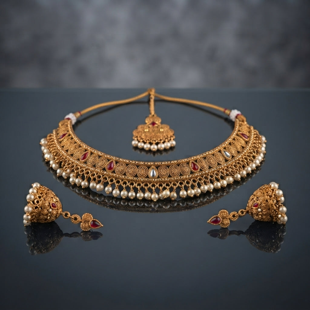 Gold-Tone Antique Rajwari Ruby & Pearl Choker Necklace, Jhumka Earrings & Maang Tikka Set flat lay