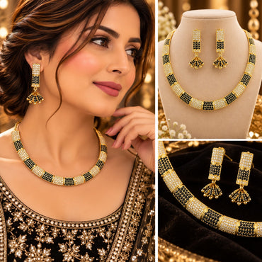 Collage showing a model wearing a gold-tone black-and-clear accent necklace set, alongside a bust display and close-up of the earrings.