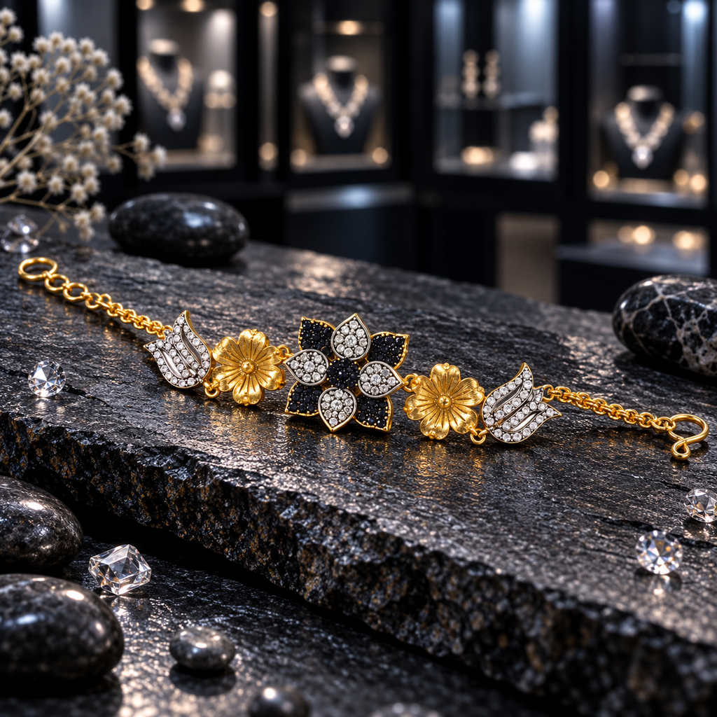 Gold-tone bracelet with a black layered floral centre, clear teardrop-shaped petals, sculpted flowers and clear-accent tulip links.