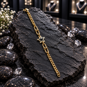 Gold-tone bracelet with a black five-point star centre, elongated decorative links with round bead-like details, curb-style chain sections and a lobster-style clasp, displayed on dark slate.