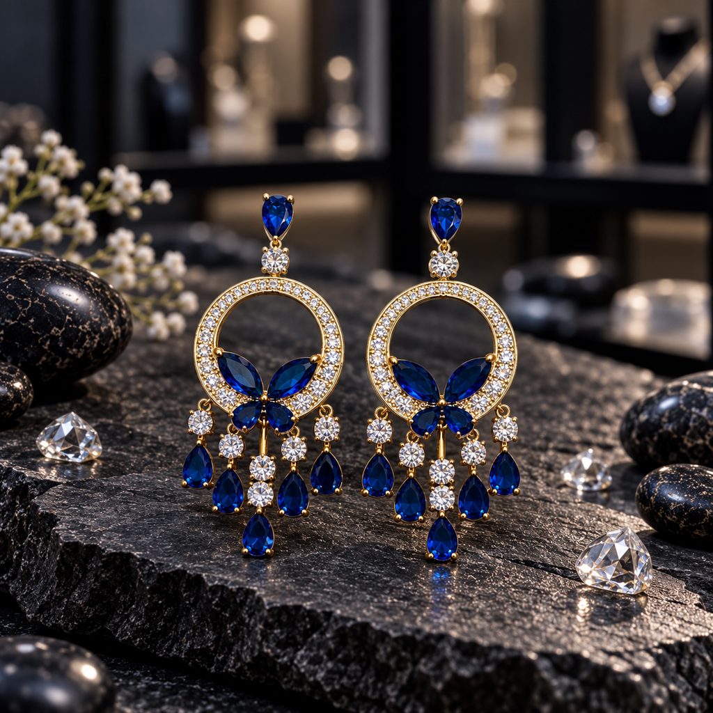 Pair of gold-tone circle chandelier earrings with blue butterfly details, clear sparkling accents and graduated blue teardrop drops.
