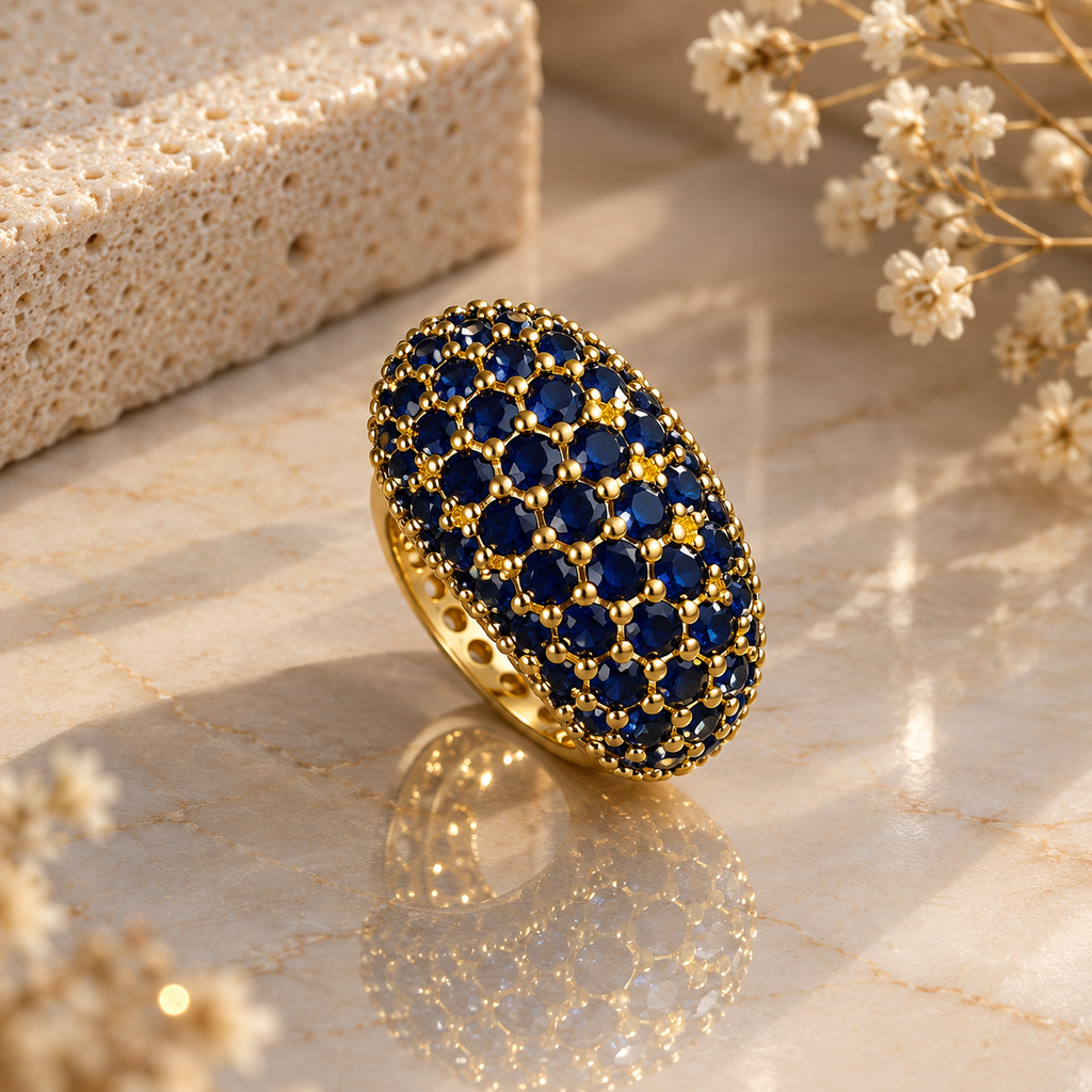 Gold-tone domed cluster ring with round dark-blue faceted accents and bead-like setting details.