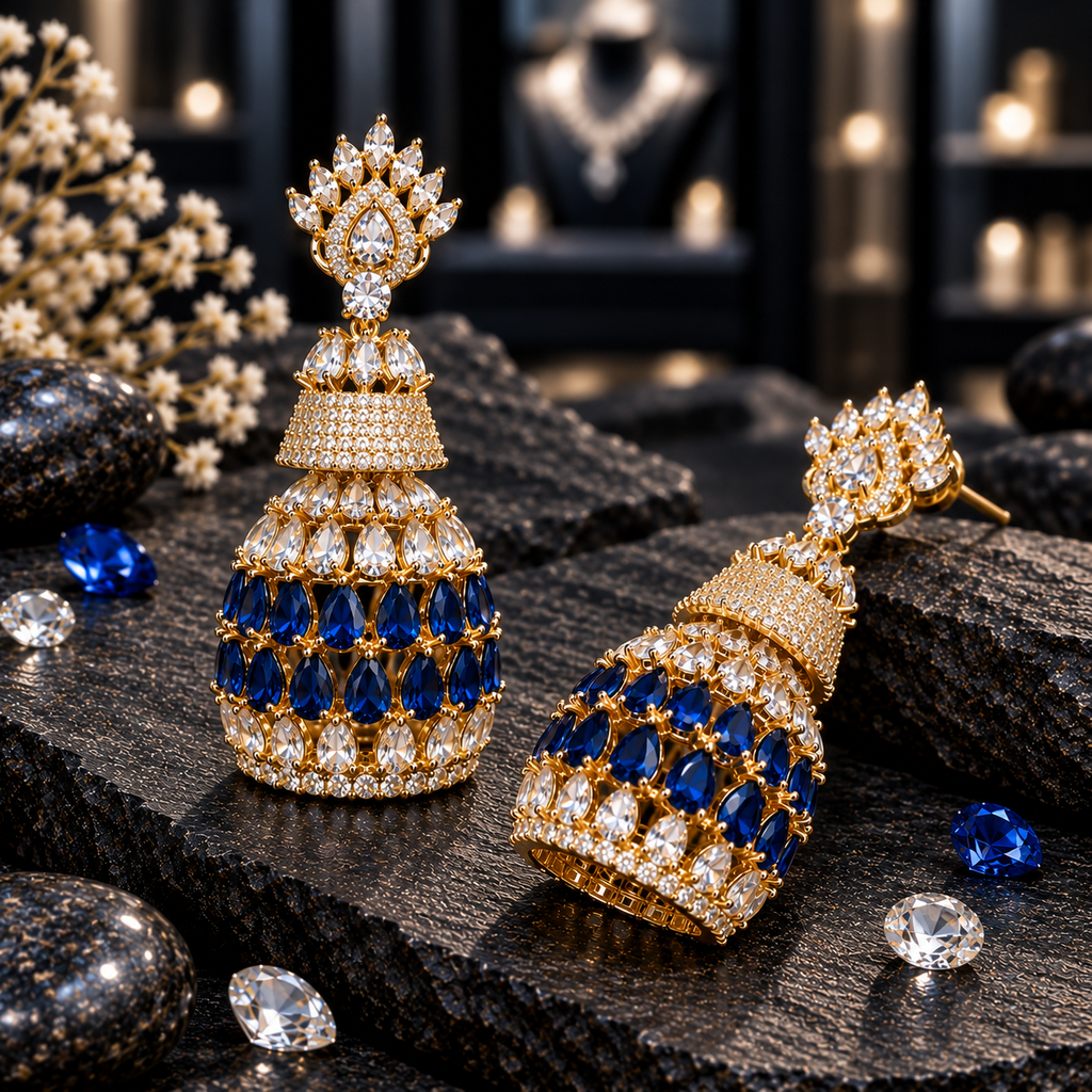 Pair of gold-tone tiered jhumka earrings with clear crown-like tops, sparkling upper bells and two rows of blue teardrop accents.