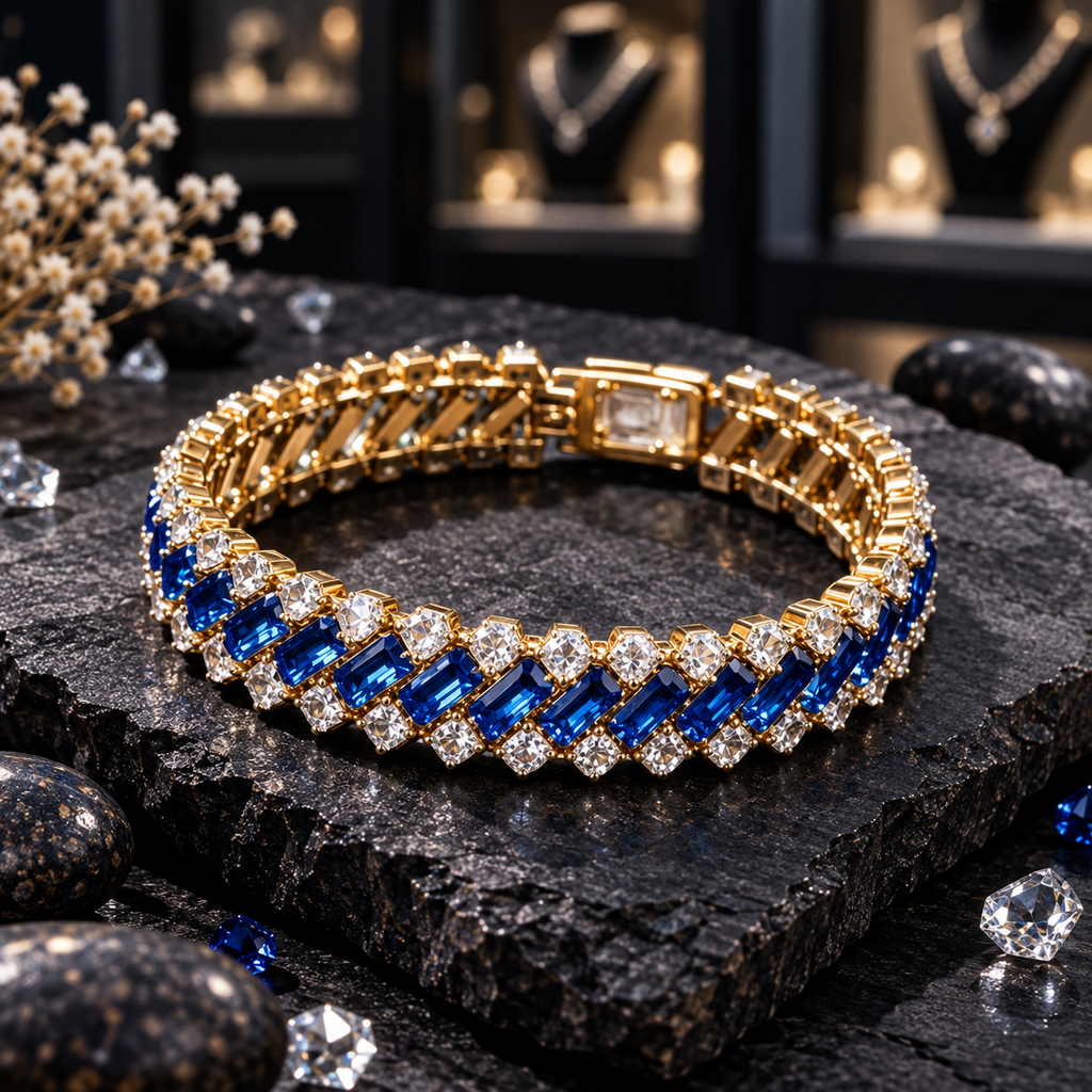 Gold-tone linked bracelet with diagonal blue rectangular accents, round clear accents along both borders and a rectangular back closure section on dark slate.