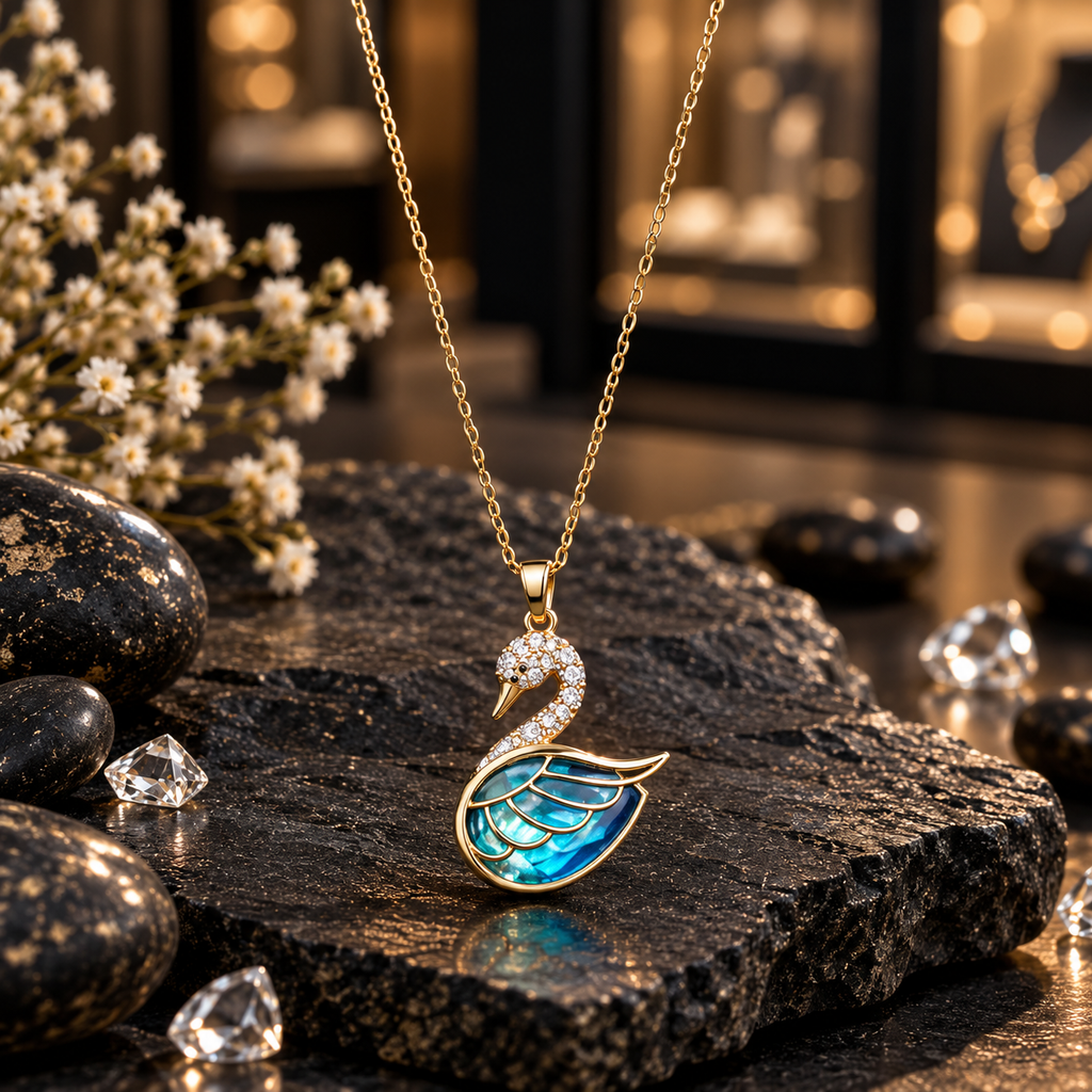 Gold-tone chain necklace with a blue and turquoise iridescent-look swan pendant, outlined wings and clear accents on the head and curved neck.