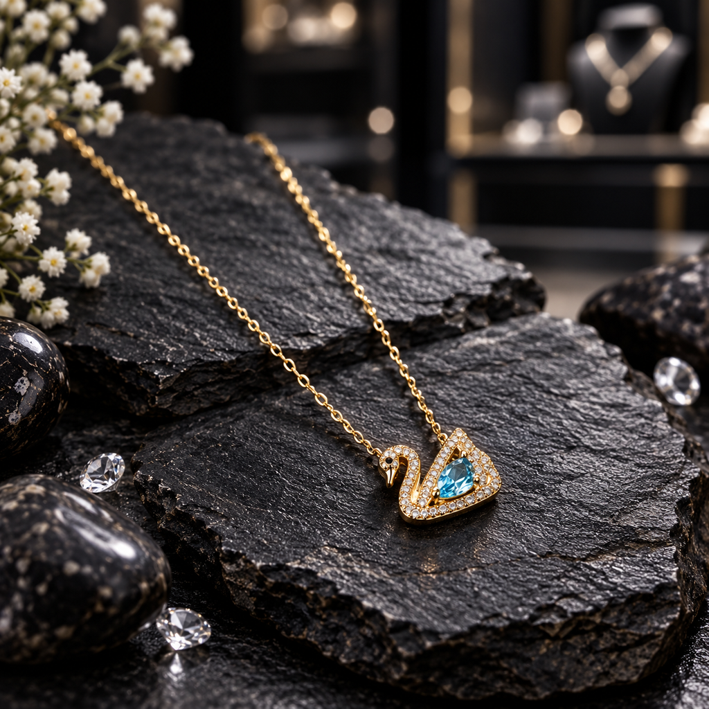 Gold-tone oval-link chain necklace with a curved-neck swan motif, clear-looking accent outline and a faceted blue teardrop-shaped centre.