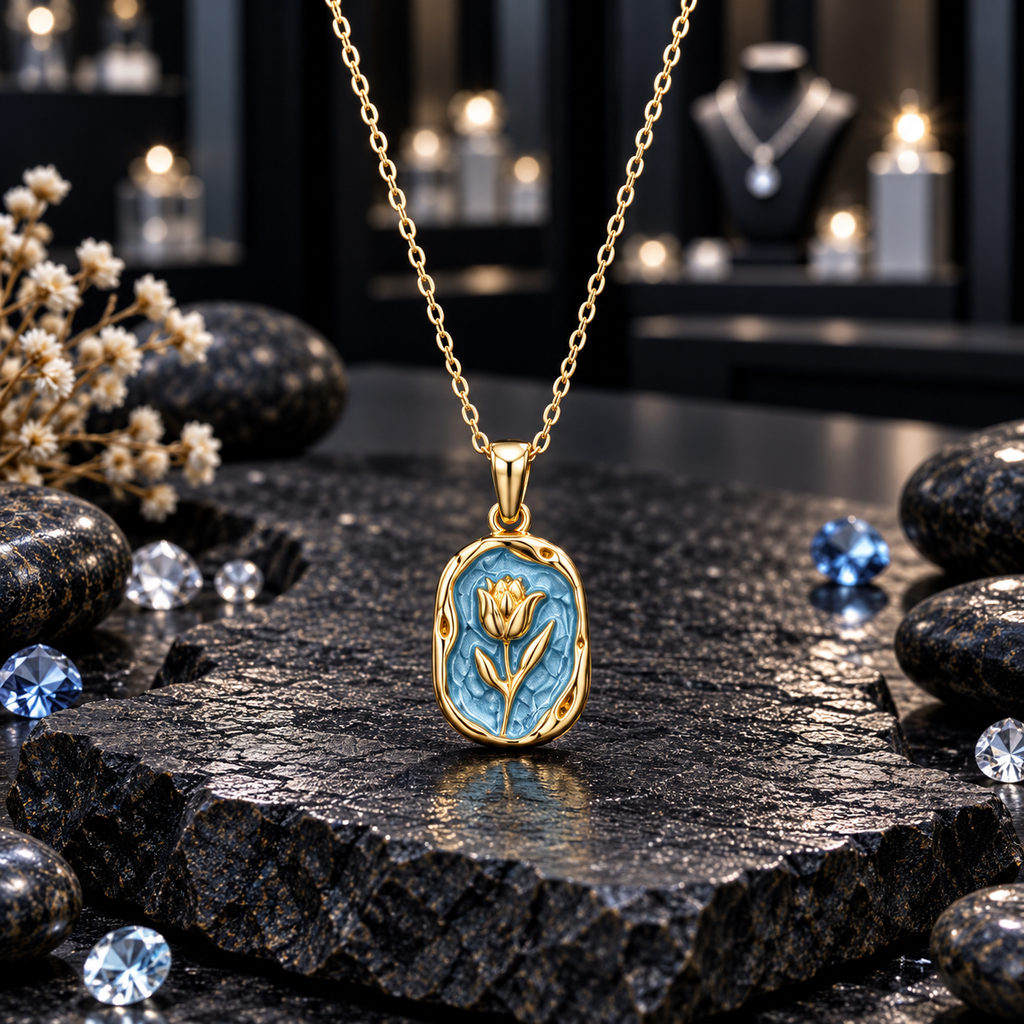 Gold-tone tulip pendant necklace with a textured blue background, raised flower and leaf motif, and rounded rectangular border.