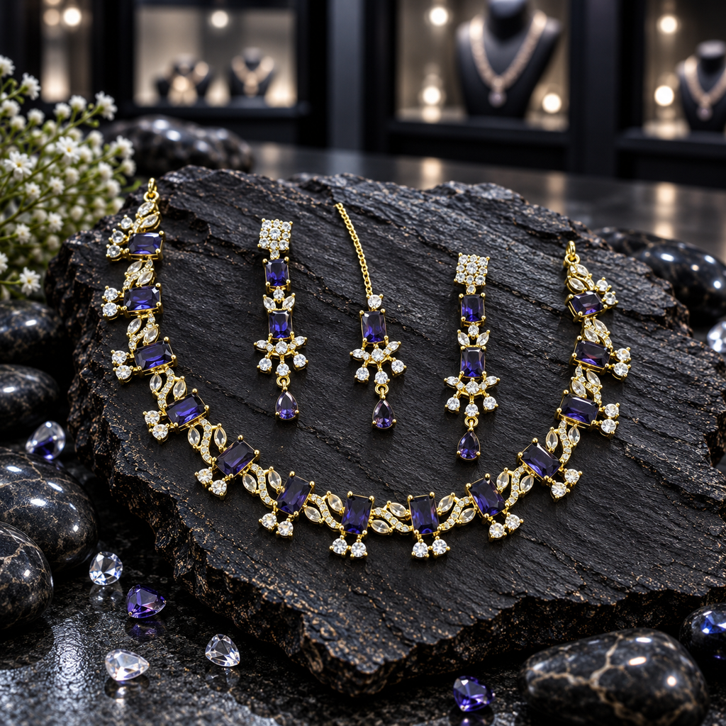 Gold-tone necklace with blue-violet rectangular accents, clear marquise leaf details and hanging clear accents, displayed with matching long teardrop earrings and maang tikka on dark slate.