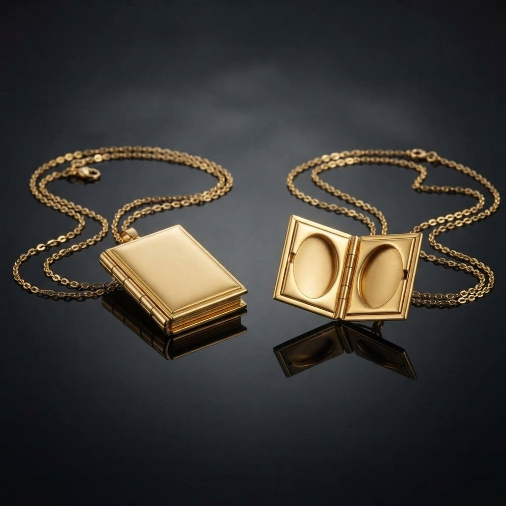 Gold-Tone Book-Shaped Double Photo Locket Pendant Necklace shown closed and open revealing two oval photo frames on dark surface