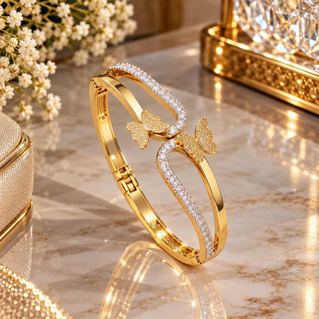 Gold-tone bangle with two sparkling butterfly motifs, polished curved bands and clear accents along the openwork design.