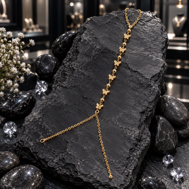 Gold-tone Hand Anja with butterfly-shaped motifs alternating with round bead details, a chain loop at one end and two branching chains at the other.