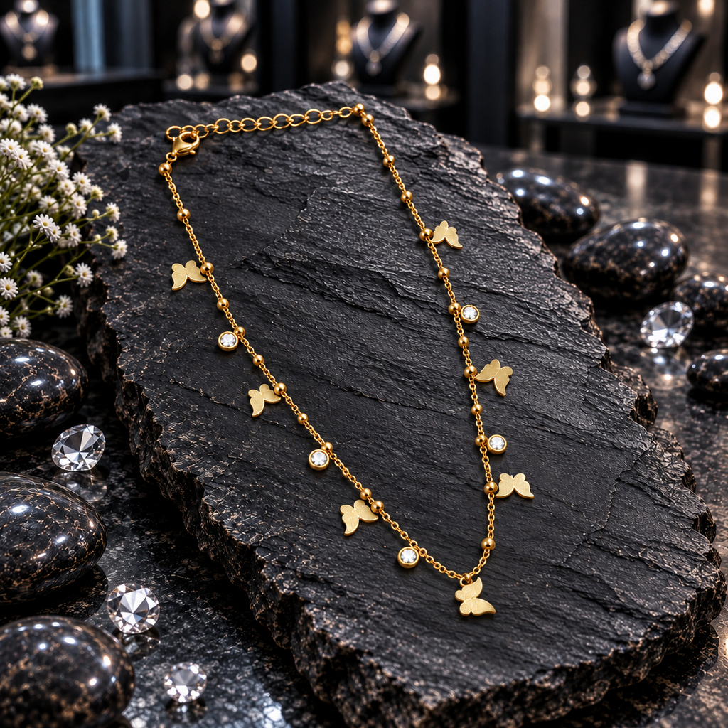 Gold-tone fine chain necklace with flat butterfly charms, round clear accents in circular settings, small bead details, a lobster-style clasp and extension chain, displayed on dark slate.