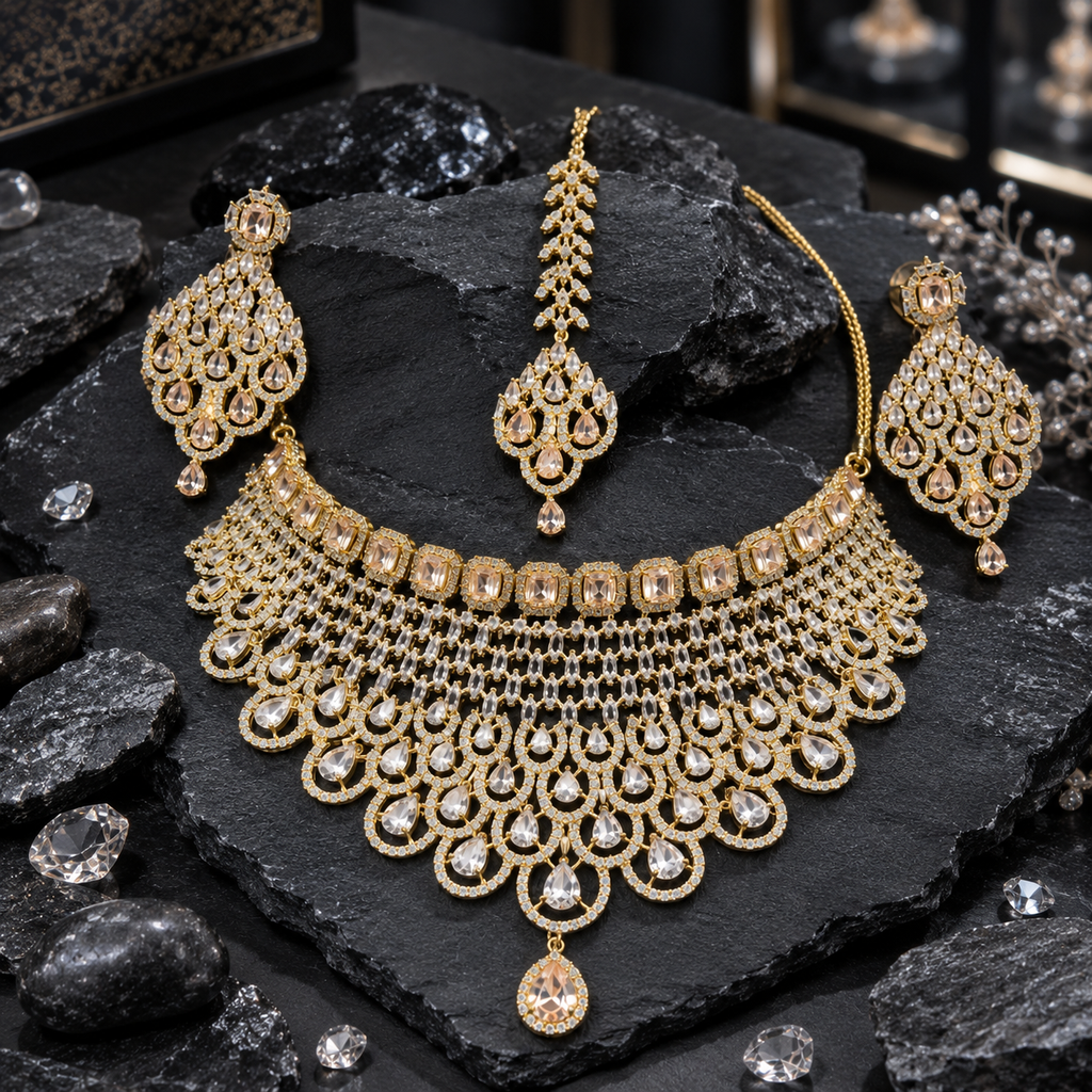 Gold-tone necklace with champagne-coloured rectangular halos, open lattice links and cascading teardrop fringe, with matching chandelier earrings and bindia.