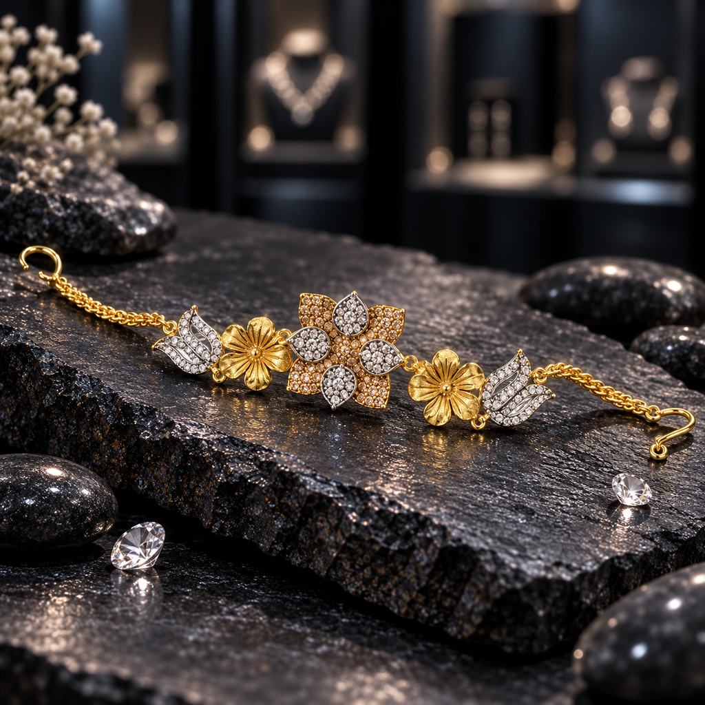 Gold-tone bracelet with a champagne-colour layered floral centre, clear teardrop-shaped petals, sculpted flowers and clear-accent tulip links.