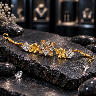 Gold-tone bracelet with a champagne-colour layered floral centre, clear teardrop-shaped petals, sculpted flowers and clear-accent tulip links.